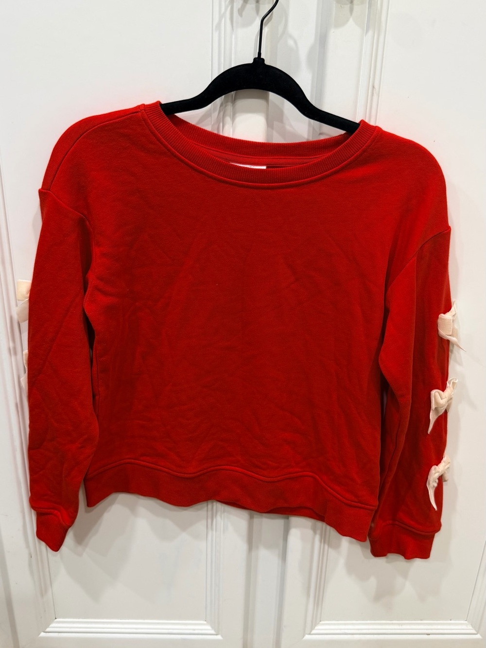 Women's Red Crewneck Sweatshirt with Sleeve Bow Details